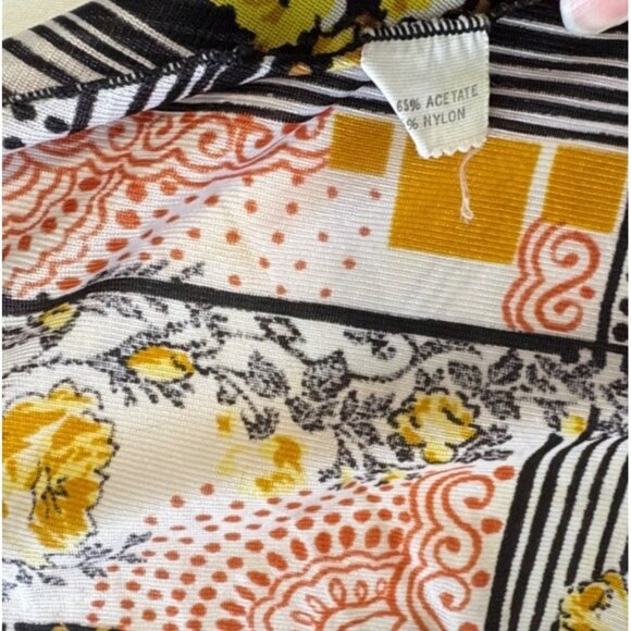 Vintage 60s Floral Scarf Geometric Scarf Black White Brown Retro Patchwork - Picture 3 of 7